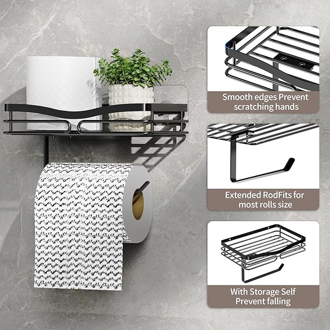 YIGII Toilet Paper Holder with Shelf, Adhesive or Drilling Tissue Roll Holder for Bathroom, Rustproof Toilet Roll Holder Wall Mounted for Phone, Wipe Storage (Matte Black)