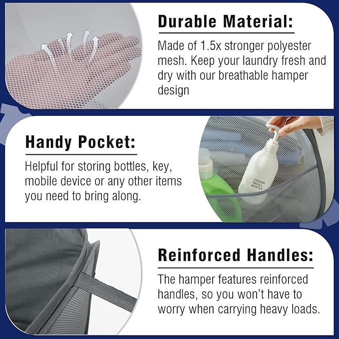 TECHMILLY Collapsible Mesh Pop Up Laundry Hamper with Strong Handles, Large Opening Clothes Hamper with Side Pockets, Storage Baskets for Dorm, Laundry Room, Bathroom or Travel (Grey, 90L, 2Pack)