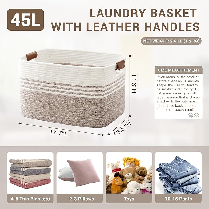 45L Small Laundry Basket with Leather Handles for Living Room Storage, Woven Rope Baskets Bin for Blanket, Kids Toy, Gifts, Wicker Hamper for Bedroom Dirty Clothes, 18"x14"x11" White Brown