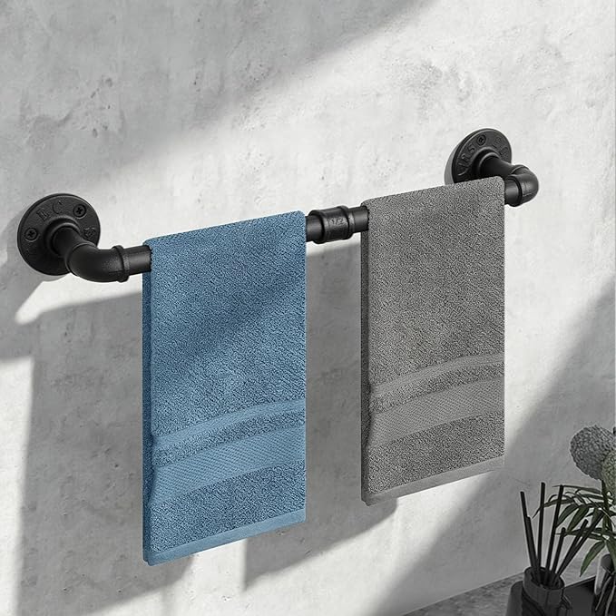Industrial Pipe Towel Rack Towel Bar, Heavy Duty Wall Mounted Rustic Farmhouse Bath Towel Holder for Bathroom (Black, 18 Inch)