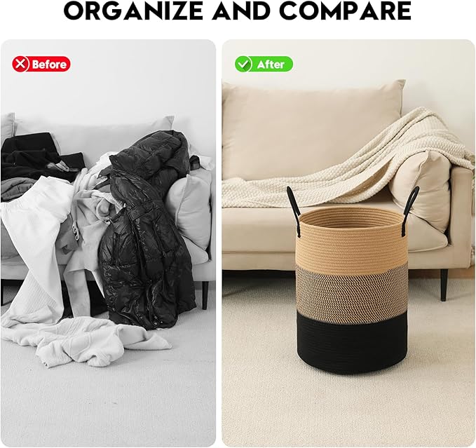 Laundry Basket Hamper Tall Rope Storage Woven for Blanket toys Dirty Clothes in Living Room Bathroom Bedroom (Jute Brown & Black, 100L/26.4Gal)