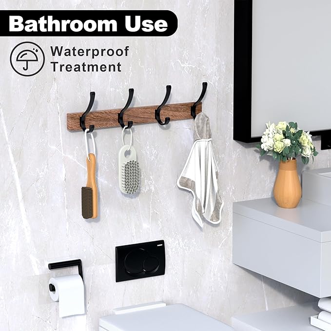 17 Inch Black Walnut Wood Wall Mounted Coat Rack with 4 Black Double Hooks, Adhesive Mounted Entryway Hooks, Modern Natural Wooden Pegs for Hanging Coat Clothes Hat Bag Purse Key and Towel