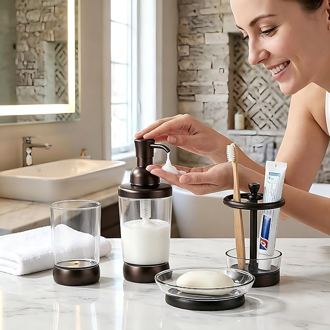 4 Piece Bathroom Accessories Set, Coffee Brown Bathroom Decor with Soap Dispenser, Toothbrush Holder, Mouthwash Cup & Soap Dish, Vintage Vanity Countertop Accessories for Home