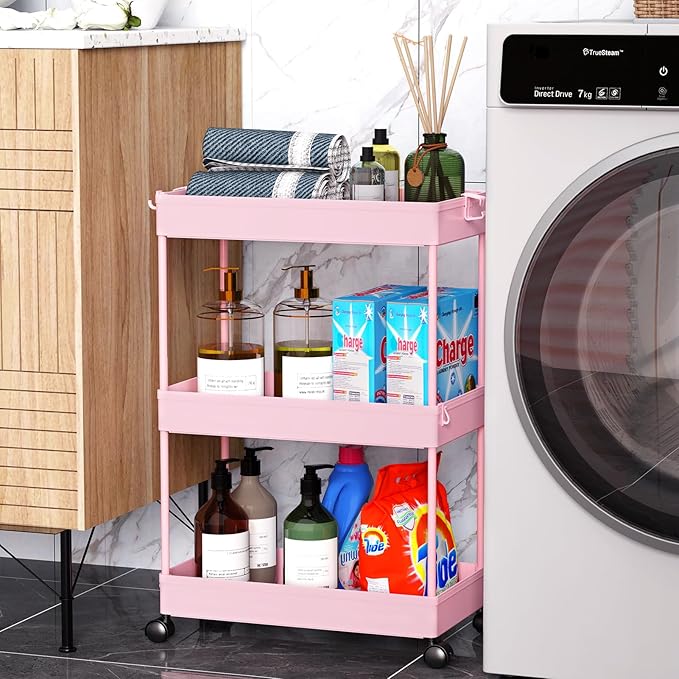 SPACEKEEPER Rolling Storage Cart 3 Tier, Bathroom Cart Organizer Laundry Room Organizer Utility Cart Mobile Shelving Unit Multi-Functional Shelves for Office, Kitchen, Bathroom, Pink