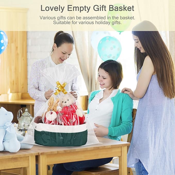 Small Woven Basket with Gift Bags and Ribbons, Empty Baby Gift Baskets for Kids Women Men, Shelf Storage, Small Cat Dog Pet Toy Boxes, 13”x 9”x 5.5”, Dark Green