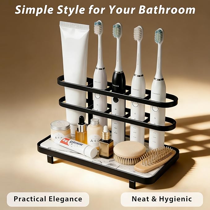 Electric Toothbrush Holders for Bathrooms, Bathroom Counter Organizer with Quick Dry Diatomaceous Earth Mat, 5 Slots Toothbrush and Toothpaste Holder Black, for Bathroom Sink Organizer Countertop