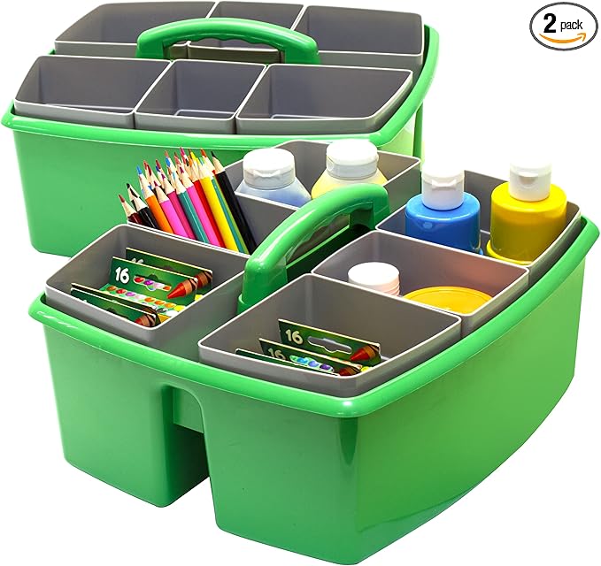 Storex Large Classroom Craft Caddy with Cups, 13 x 11 x 6.575 Inches, Green, Case of 2 (00983A02C)