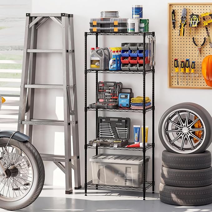 GOFLAME 5-Tier Metal Storage Shelving Unit, Heavy-Duty Adjustable Utility Shelf with V-Shaped Wire Rack, 750 LBS Storage Organizer for Home, Kitchen, Garage, Basement, 23.5”L x 13.5”W x 60”H