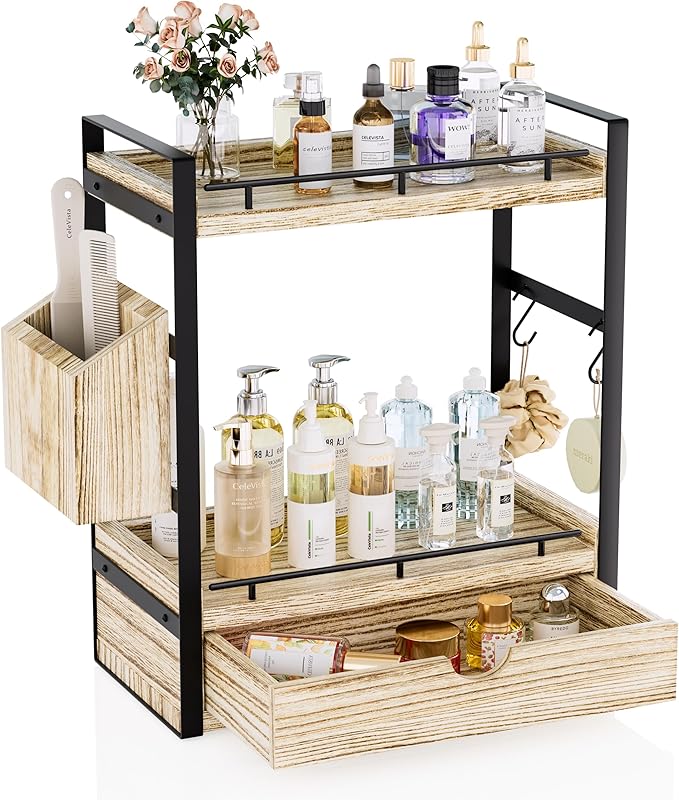 2-Tier Wood Bathroom Counter Organizer, Countertop Organizer with Drawer and Storage Basket, Bathroom Sink Organizer for Vanity, Skincare, Makeup, and Daily Essentials (Light Brown)