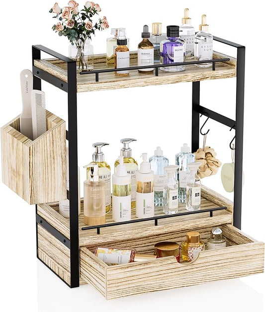 2-Tier Wood Bathroom Counter Organizer, Countertop Organizer with Drawer and Storage Basket, Bathroom Sink Organizer for Vanity, Skincare, Makeup, and Daily Essentials (Light Brown)