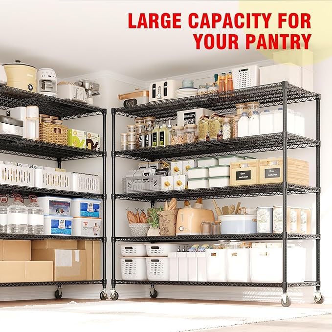 5-Tier Tall Steel Garage Shelving with Wheels, Heavy Duty Storage Rack, 3300 Lbs Capacity, Adjustable Industrial Shelves for Garage, Workshop, or Warehouse, 23.6" D x 59" W x 82.6" H