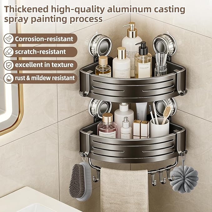 Corner Shower Caddy,Suction Cup Shower Bathroom Wall Shelf,No Drill Rust Proof Aluminum Organizer with Hooks,Floating Rack for Inside (Suction Cup Corner Shower Caddy,2 Tier,Gray)