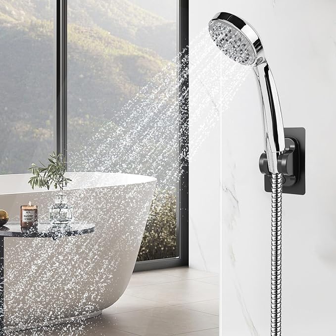 2Pcs Strong Adjustable Shower Head Holder Adhesive- Wall Mounted Heavy Duty Shower Head Shelf Bracket, Plastic Bracket Stick on Wall, ABS- Shower Holder, Convenient for Womon and Child(Matte Black)