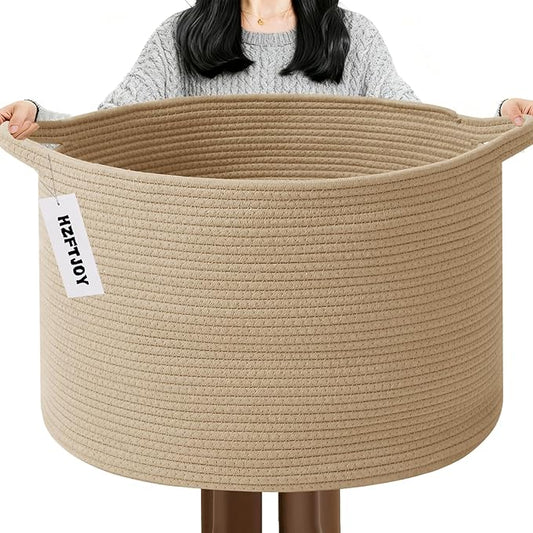115L Extra Large Blanket Basket,Woven Rope Laundry Basket Hamper with Handles, Decorative Nursery Basket Storage Bin for Toys, Clothes Organizer, Living Room, Bedroom, Bathroom, Camel