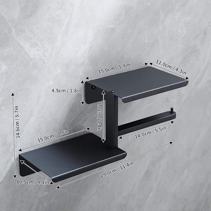 Adhesive Toilet Paper Holder with Double Shelf, No Drilling Wall Mount Toilet Tissue Roll Holder, Rustproof & 304 Stainless Steel Bathroom Storage Dispenser