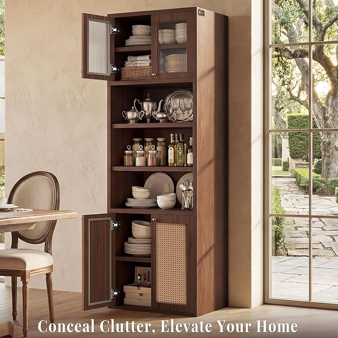 71.7" Tall Bathroom Storage Cabinet, Rattan Tall Freestanding Storage Cabinet with Doors, Adjustable Shelves and Anti-Tip Devices for Bathroom, Kitchen, Laundry Room, Walnut