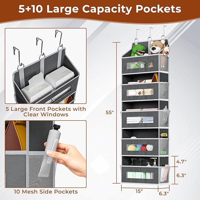 2 Pack 5 Tier Over The Door Organizer - Large Capacity Behind Door Hanging Shelves with 10 Mesh Pockets and Clear Windows, Closet Organizers and Storage for Bathroom, Bedroom, Nursery, Grey