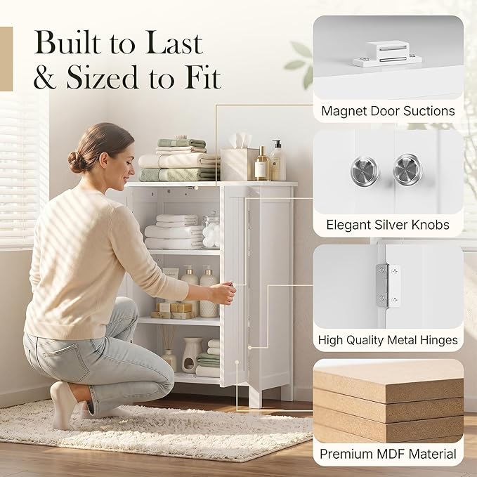SUPER DEAL Modern Bathroom Floor Storage Cabinet with Adjustable Shelf and Double Door Rust Proof, Living Room Modern Home Furniture Storage Organizer Cabinet