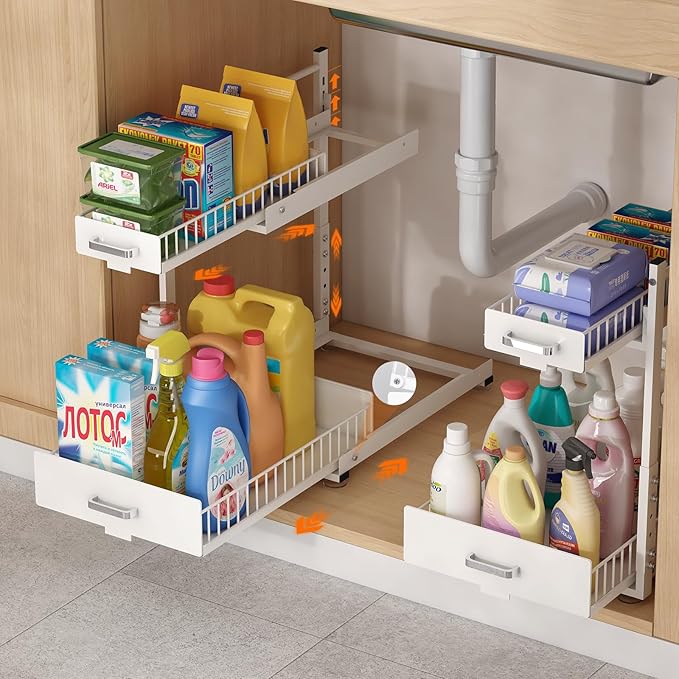 2 Pack Under Sink Organizer, 2 Tier Slide Out Cabinet Organizer with Pulley, Height Adjustable Pull Out Shelf for Kitchen, Bathroom, Laundry and Utility Storage, White