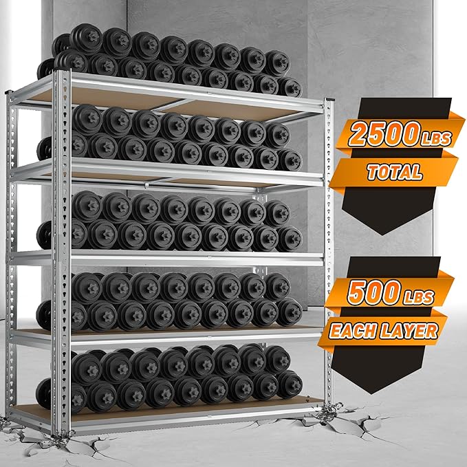 REIBII 2500LBS Garage Shelving 40" W Storage Shelves Adjustable Metal Shelving 5 Tier Pantry Shelves for Garage Closet Kitchen Basement 40" W x 19.7''D x 72''H, Silver
