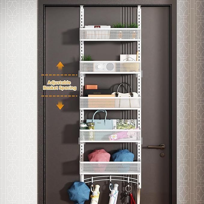 Space-Saving Over The Door Organizer with 5 Adjustable Baskets & 5 Hooks, Metal Wall Mount Storage Rack, Behind The Door Storage for Bathroom, Kitchen, Pantry, Laundry Room (White)