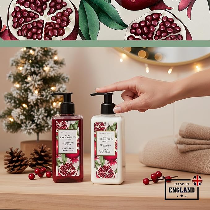 Pecksniff’s Enchanted Winter Hand Care Duo, Pomegranate & Musk, Hard Box Gift Set with 300ml Hand Wash and 300ml Hand Lotion, Designed in England