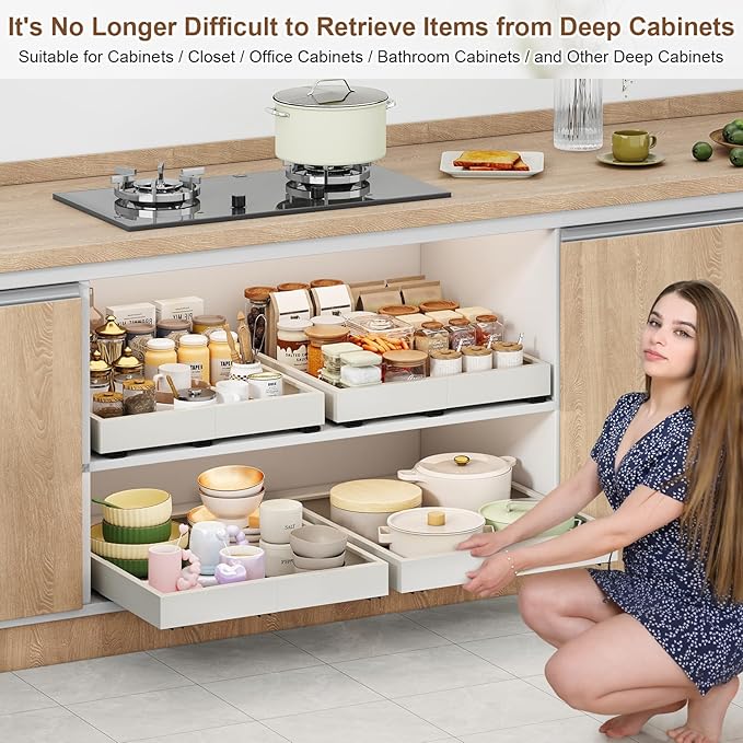 Fokyfok 2Pc Pull out Cabinet Organizer,Width(11"-16"),Depth(17"-24") Expandable No Drill Roll out Drawers,Adhesive Sliding Drawers,Slide out Shelves for Cabinets Without Lip,Kitchen,Pantry,White | Expandable, 3 Rails, No Drill, Roll out Drawers, Slide ...