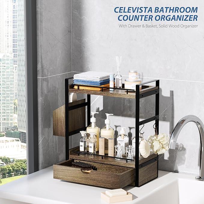 2-Tier Wood Bathroom Counter Organizer, Countertop Organizer with Drawer and Storage Basket, Bathroom Sink Organizer for Vanity, Skincare, Makeup, and Daily Essentials (Dark Brown)