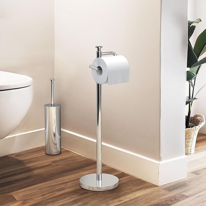 Gatco 1435C Freestanding Toilet Paper Holder, 23.68” H, Chrome | Toilet Tissue Roll Holder Stand With Weighted and Padded Base For Bathroom