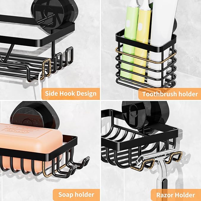 KEGII 5 Pack Corner Shower Caddy Suction Cup, Large Capacity Bathroom Organizer with Soap Dish & Toothbrush Holder, No Drilling Stainless Steel Wall Mounted Shower Storage, Black