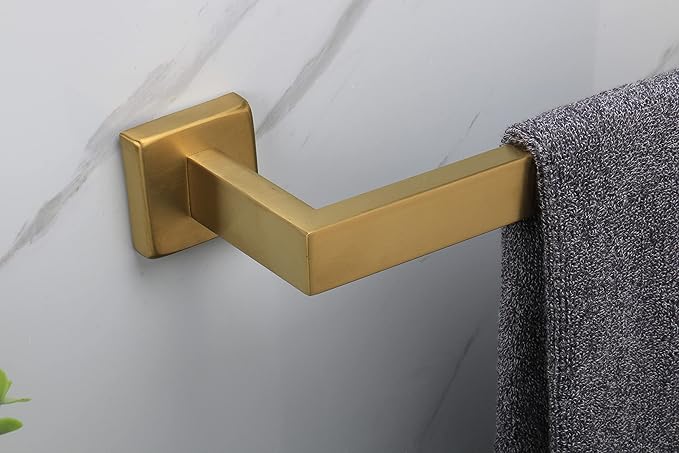 TocTen Bath Towel Rack - Square Base Thicken SUS304 Stainless Steel Towel Bar for Bathroom, Bathroom Accessories Towel Rod Heavy Duty Wall Mounted Towel Holder. (Brushed Gold, 24)