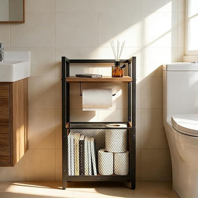 Toilet Paper Holder Free Standing, Black Toilet Paper Holder Stand, Freestanding Toilet Paper Holder for Bathroom Tissue Holder Roll Holder, Magazines, Wipes