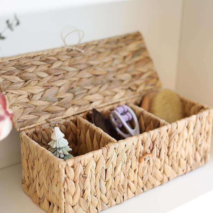 Wicker Bathroom Basket with Lid, Water Hyacinth Toilet Tank Basket with 3 Compartments, Woven Storage Box for Bathroom Organizer (13.2 x 5.1 x 4.5 inch)