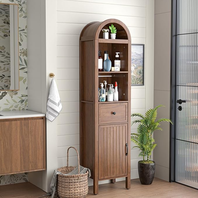 Lxsxlome 64" Tall Bathroom Storage Cabinet with Adjustable Shelves,Tall Narrow Arched Freestanding Tower Cabinet with Fluted Doors and Drawers,Space Saving Organizer for Bathroom Living Room (Walnut)