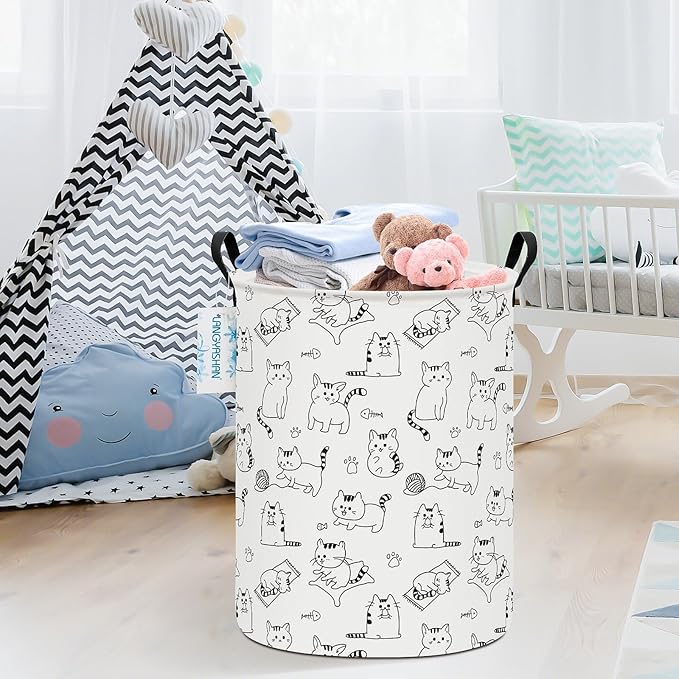 Laundry Basket Canvas Fabric Collapsible Organizer Basket for Storage Bin Toy Bins Gift Baskets Bedroom Clothes Children Nursery Hamper (Cat)