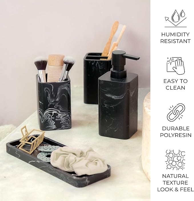 ZCCZ Bathroom Accessory Sets, 4 Pieces Bathroom Accessories Complete Set Vanity Countertop Accessory Set, Includes Lotion Dispenser Soap Pump, Tumbler, Toothbrush Holder and Tray (Black Marble Look)