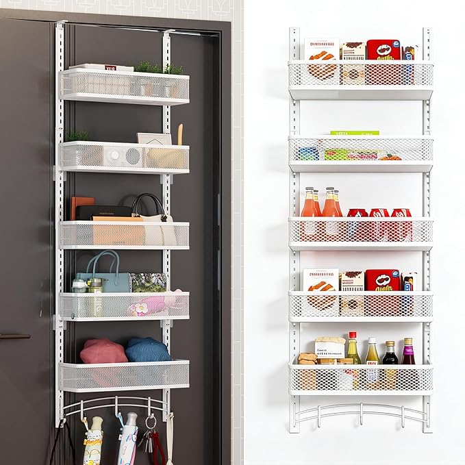 Space-Saving Over The Door Organizer with 5 Adjustable Baskets & 5 Hooks, Metal Wall Mount Storage Rack, Behind The Door Storage for Bathroom, Kitchen, Pantry, Laundry Room (White)
