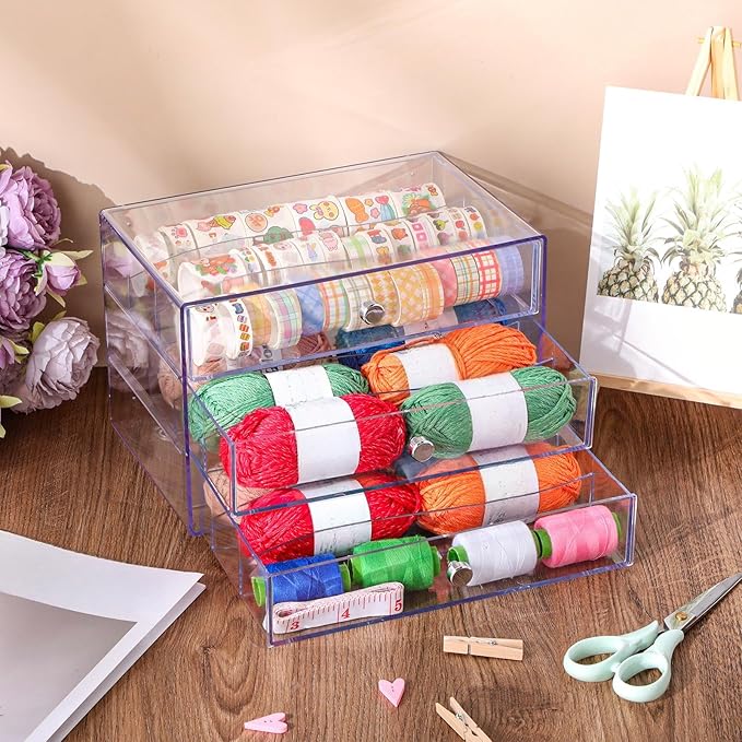 Wonderjune 4 Pack 3 Drawer Washi Tape Organizer Plastic Washi Tape Storage Cube Organizer Box 10 x 7 x 6.8 Large Capacity Clear Storage Drawer Holder for Art Craft Embellishments Jewelry Makeup