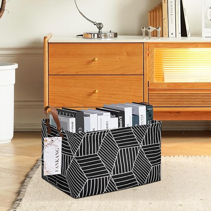 Storage Basket,Nursery Hamper Canvas Laundry Basket Foldable with Waterproof PE Coating Storage, Office, Bedroom, Clothes,Toys (Rec-Black Cube)