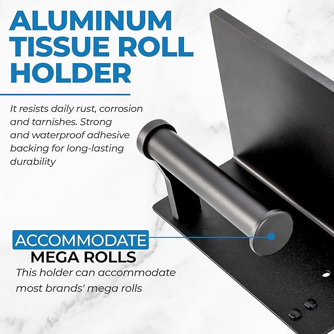 Toilet Paper Holder with Shelf, Black Anti-Rust Aluminum Tissue Roll Holder with Mobile Phone Storage Shelf for Bathroom, 3M Self Adhesive No Drilling or Wall Mounted with Screws