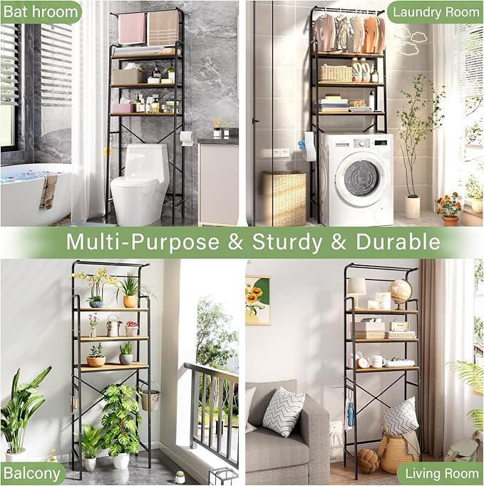 REFGY Over The Toilet Storage Cabinet,3-Tier Over The Toilet Storage Shelf with Hanging Bar,Metal Frame with Wood Bathroom Organizer Shelves,Space Saving Storage Bathroom Shelves Above Toilet for Room