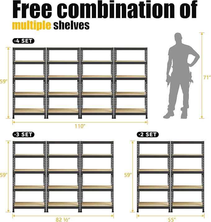 PrimeZone Storage Shelves 5 Pack 5 Tier Adjustable Garage Storage Shelving, Heavy Duty Metal Storage Utility Rack Organizer Shelf Unit for Warehouse Pantry Closet Kitchen Basement, Black