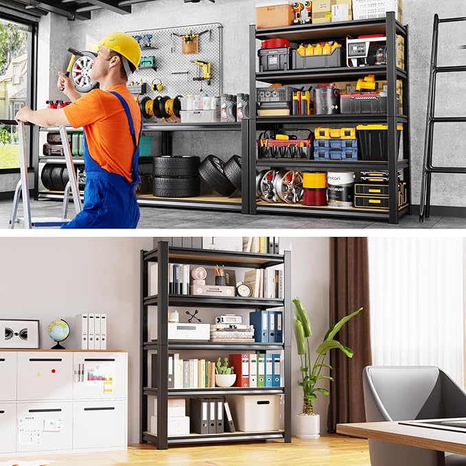 3-Pack 71.2"H Storage Shelves, 5 Tier Adjustable Wood Garage Shelving, Utility Tall Metal Shelving Unit, Easy to install Standing Garage Storage for Warehouse,Bedroom,Basement,45.6"WX17.7"DX71.2"H