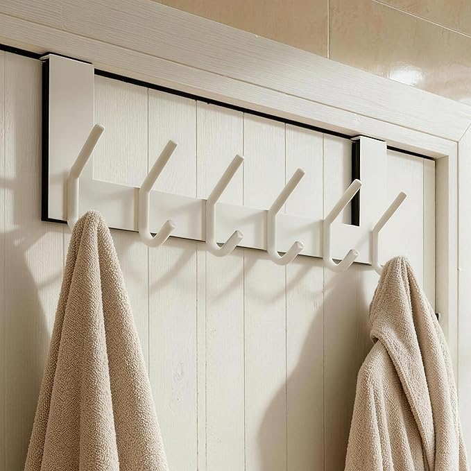 WEBI Over The Door Hooks,Door Hanger Over The Door Towel Rack,Door Coat Towel Hanger Door Coat Rack 6 Hooks for Hanging Clothes,Jacket,Hats,Bathroom,White,2 Packs