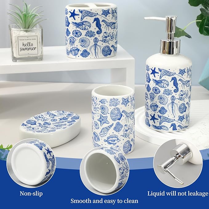 JarThenaAMCS 4Pcs Blue Ocean Bathroom Accessories Seashell Starfish Coral Ceramic Liquid Dispenser Toothbrush Holder Tumbler Soap Dish for Summer Beach Home Party Favors Supplies