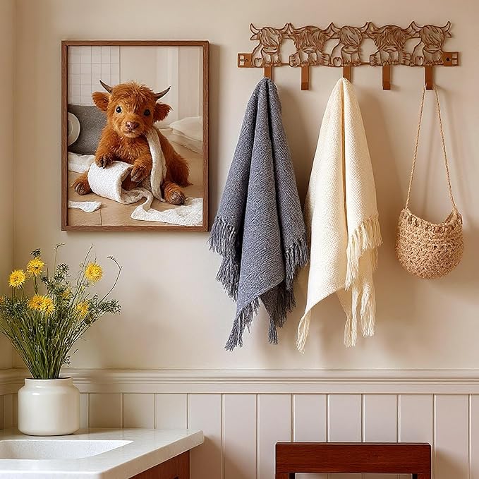 AceOrbit Highland Cow Over the Door Hooks Hanger Wall Mount Towel Hanger Door Holder Organizer 5 Hooks Kawaii Farmhouse Rustic Coquettish Style Decor for Bedroom Bathroom Towel Hat Clothes