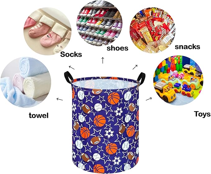 Kids Laundry Hamper Storage Basket Laundry Organizer Hamper Storage Bins Clothes Box Nursery Hamper Gift Basket with Handles (Star basketball)