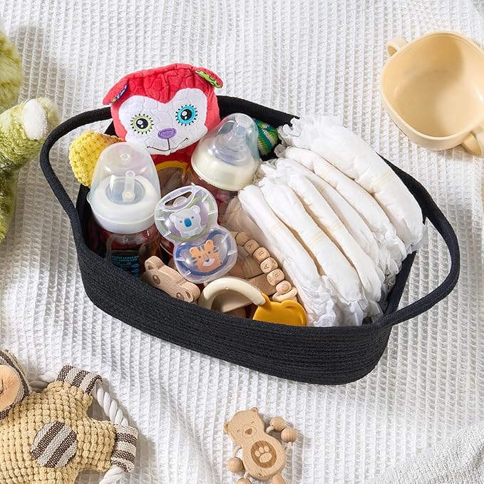 Small Woven Gift Basket Empty with Bag & Ribbon - Gifts for Mom, Baby Shower, Birthdays & Raffle - Cotton Rope Storage Basket for Dog Toys or Shelf - 12"x8"x5", Black