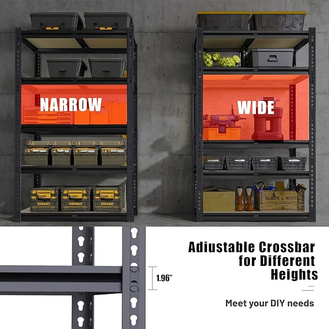 Storage Shelving Unit, 5 Tier Garage ShelvesHeavy Duty, Adjustable Metal Shelving Unit,2400LBS Black forPantry, Basement, Warehouse, Kitchen, Pantry and Closet,72" H