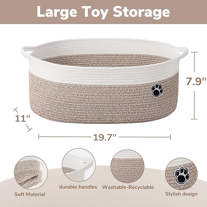 Large Dog Toy Basket, 19.7" X 11" X 7.9" Woven Rope Basket for Toy Storage, Dog Storage Bins with Handles, Gift Baskets Empty for Baby Shower, Mixed-Brown